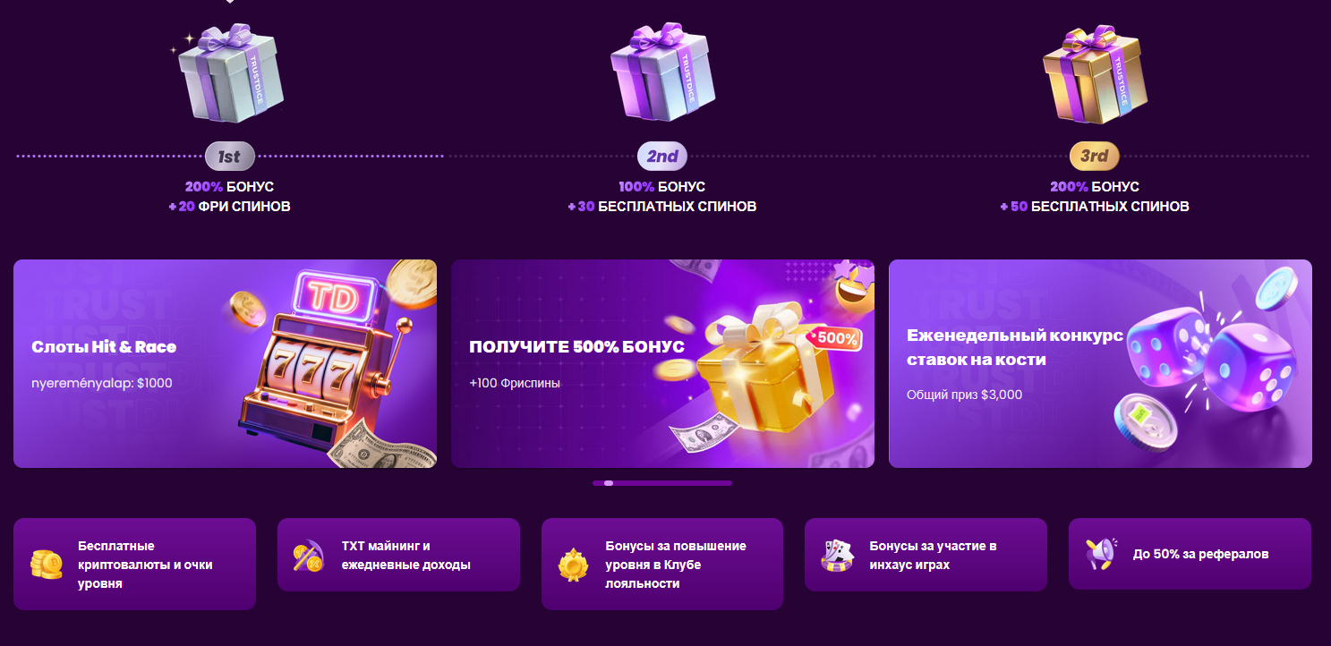 Бонуси TrustDice Casino — промоакції, задачі та винагороди в особистому кабінеті
